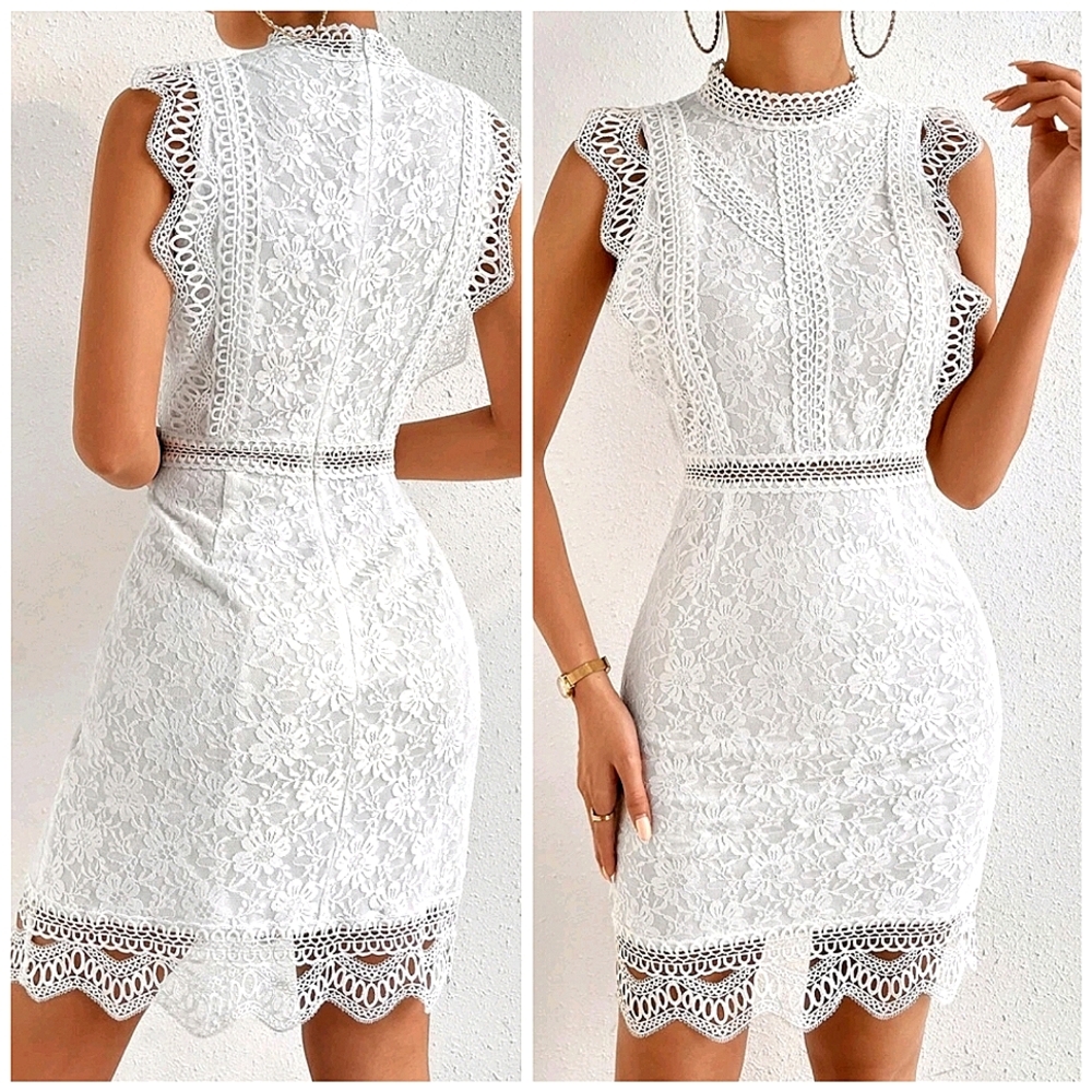 New Chic Embroidered Sheer Lace Dress Sleeveless White - Picture 2 of 9